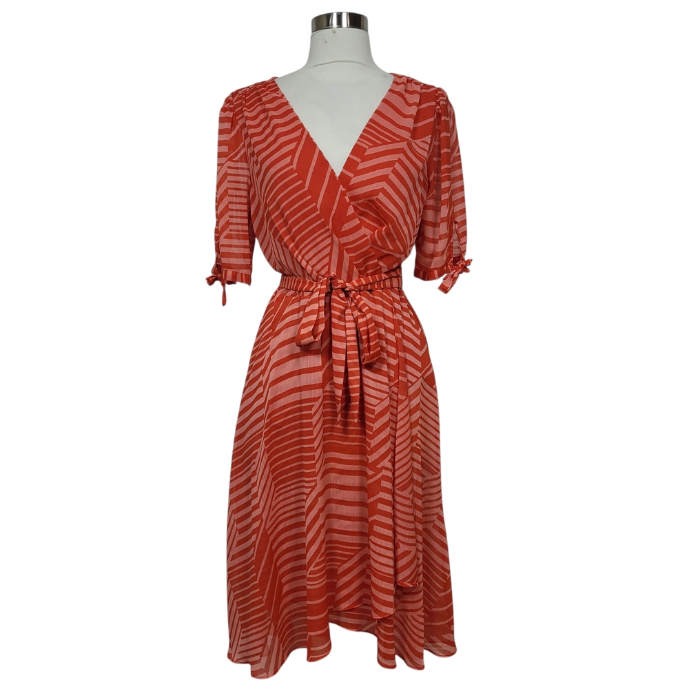 Tommy Hilfiger Faux Wrap High Low Striped Tie Waist Surplice Dress Size 8